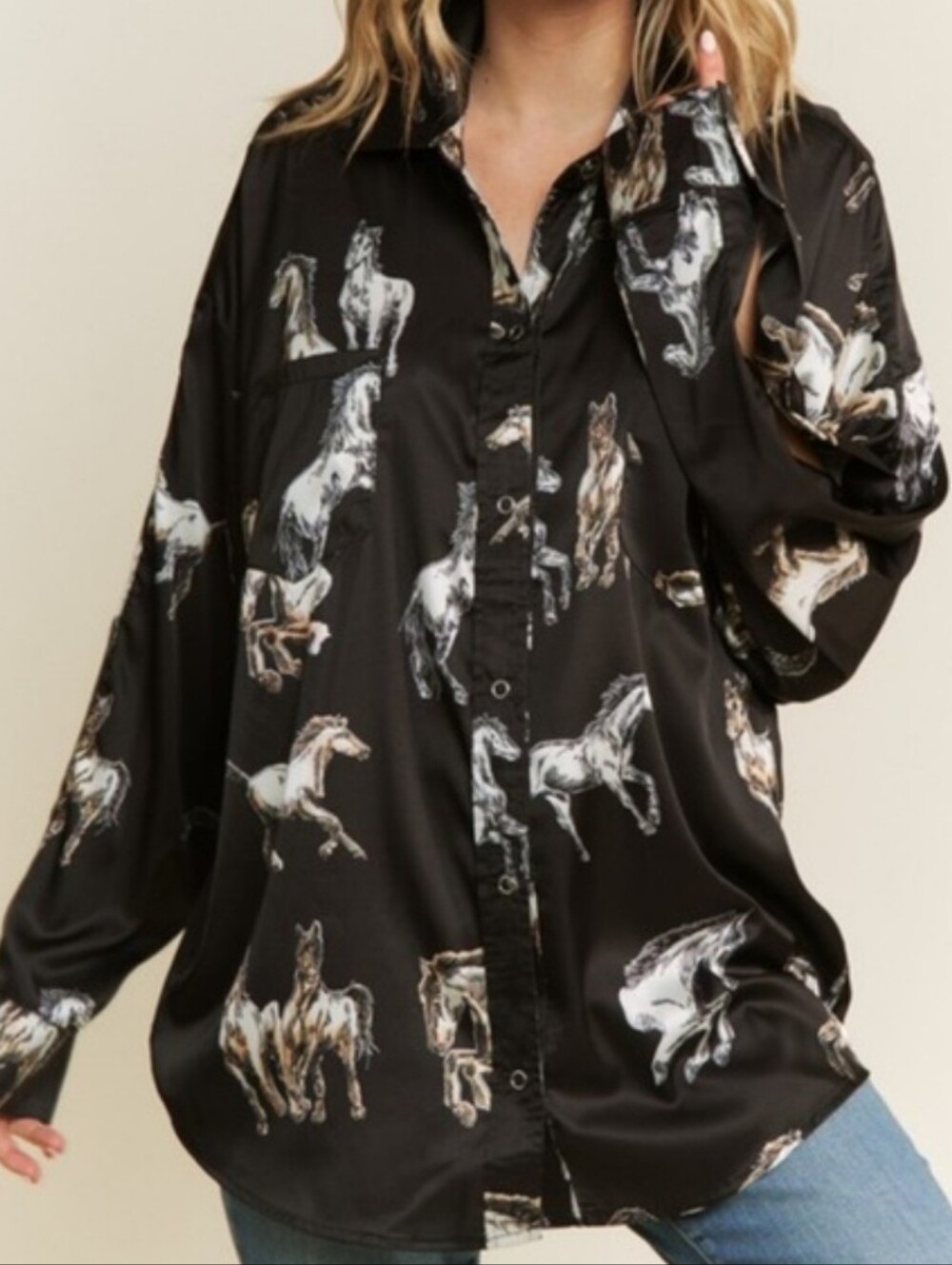 Mazik Black Satin Button-Down Shirt with White & Tan Horse Print